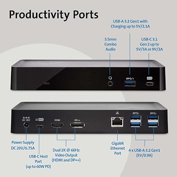 Kensington SD4700P Displaylink Docking Station Dual Display for Any MacBook M1/M2/M3/M4 or Windows; 60W Power Delivery; TAA Compliant (K38240NA)