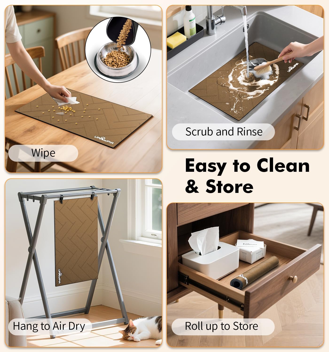 Pet Food Mat Absorbent Cat Food Mat Dog Mat for Food and Water Quick Dry No Stains Dog Feeding Mat Placemat for Messy Drinkers Cat Food Mats for Indoor Cats Bowl Mat Pet Supplies 17"X28" Brown