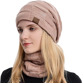 Womens Winter Beanie Hat Scarf Set Warm Knit Hats Neck Warmer for Women Thick Fleece Lined Winter Hat Scarfs for Men