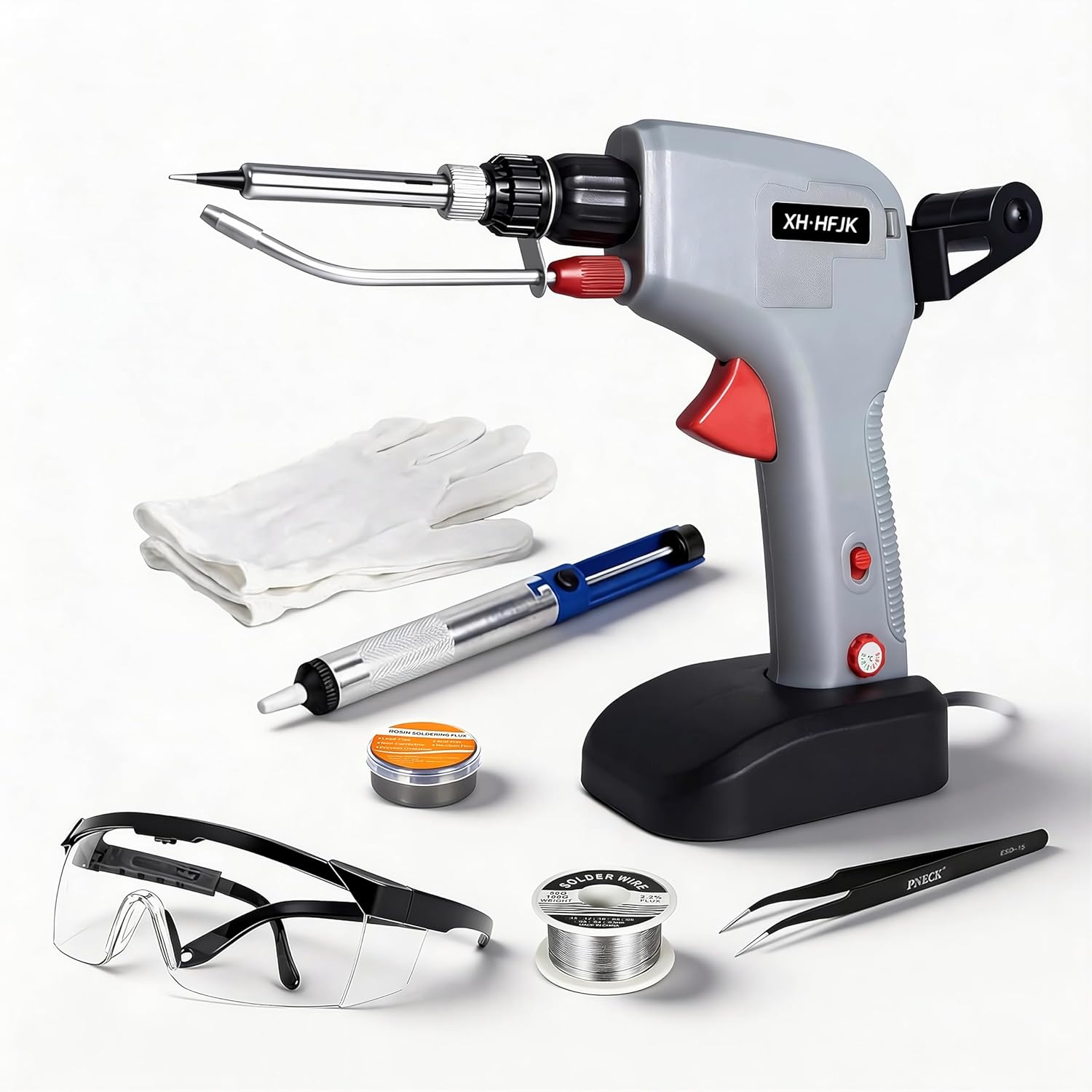 Trigger-Feed Soldering Gun Kit, 120W 110V, 6-Level 392–842°F Adjustable Temperature Soldering Iron for DIY Electronics and PCB Repair One-Hand Tin-Feeding (including gloves and goggles)