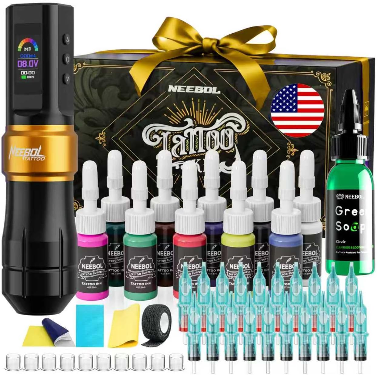 Neebol Wireless Tattoo Gun kit with Mode Memory, Cordless Rotary Tattoo Pen with 6h Battery Life, Easy Adiustment, Tattoo Supplies, Complete Tattoo Machine Kit Gift for Beginners and Professionals