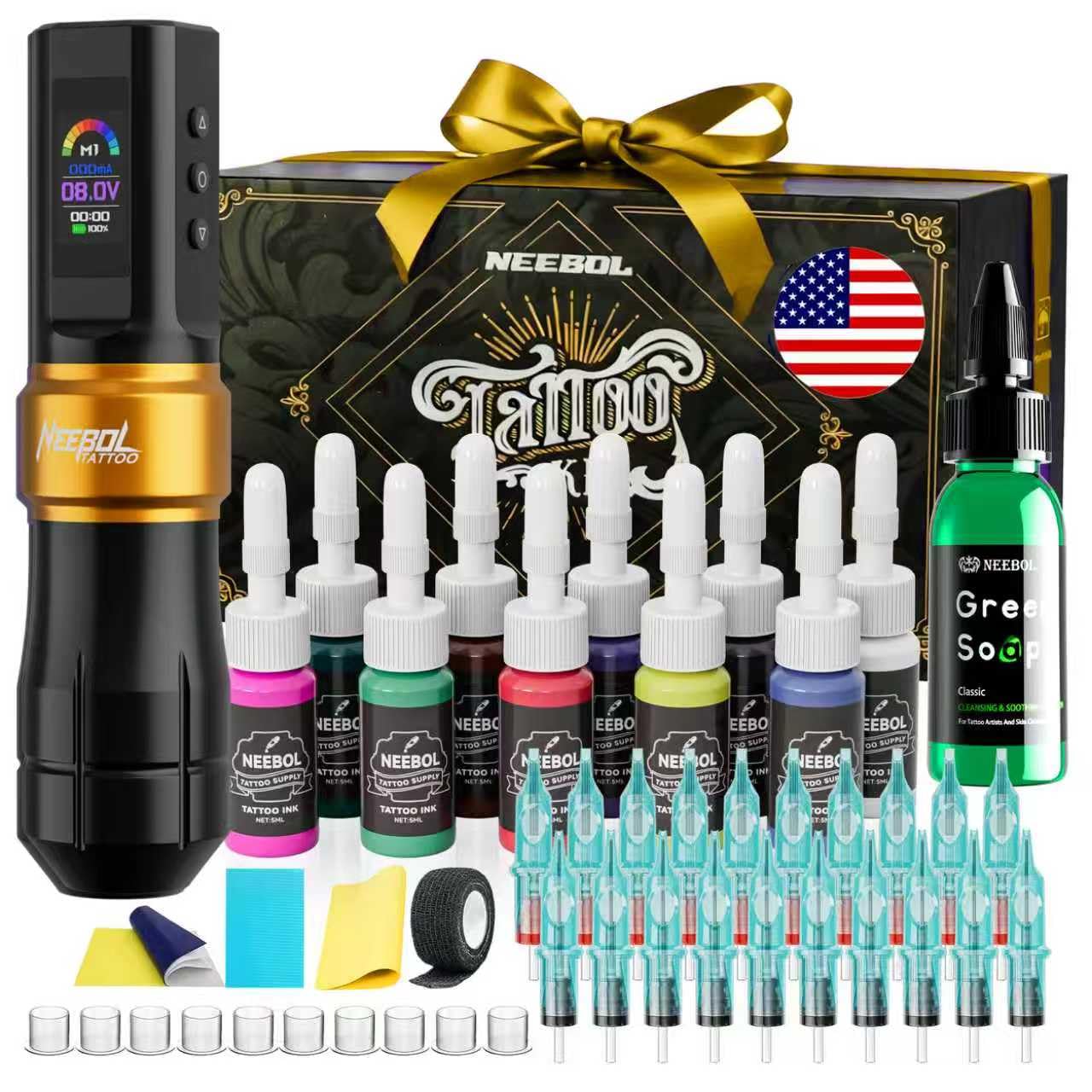 Neebol Wireless Tattoo Gun kit with Mode Memory, Cordless Rotary Tattoo Pen with 6h Battery Life, Easy Adiustment, Tattoo Supplies, Complete Tattoo Machine Kit Gift for Beginners and Professionals