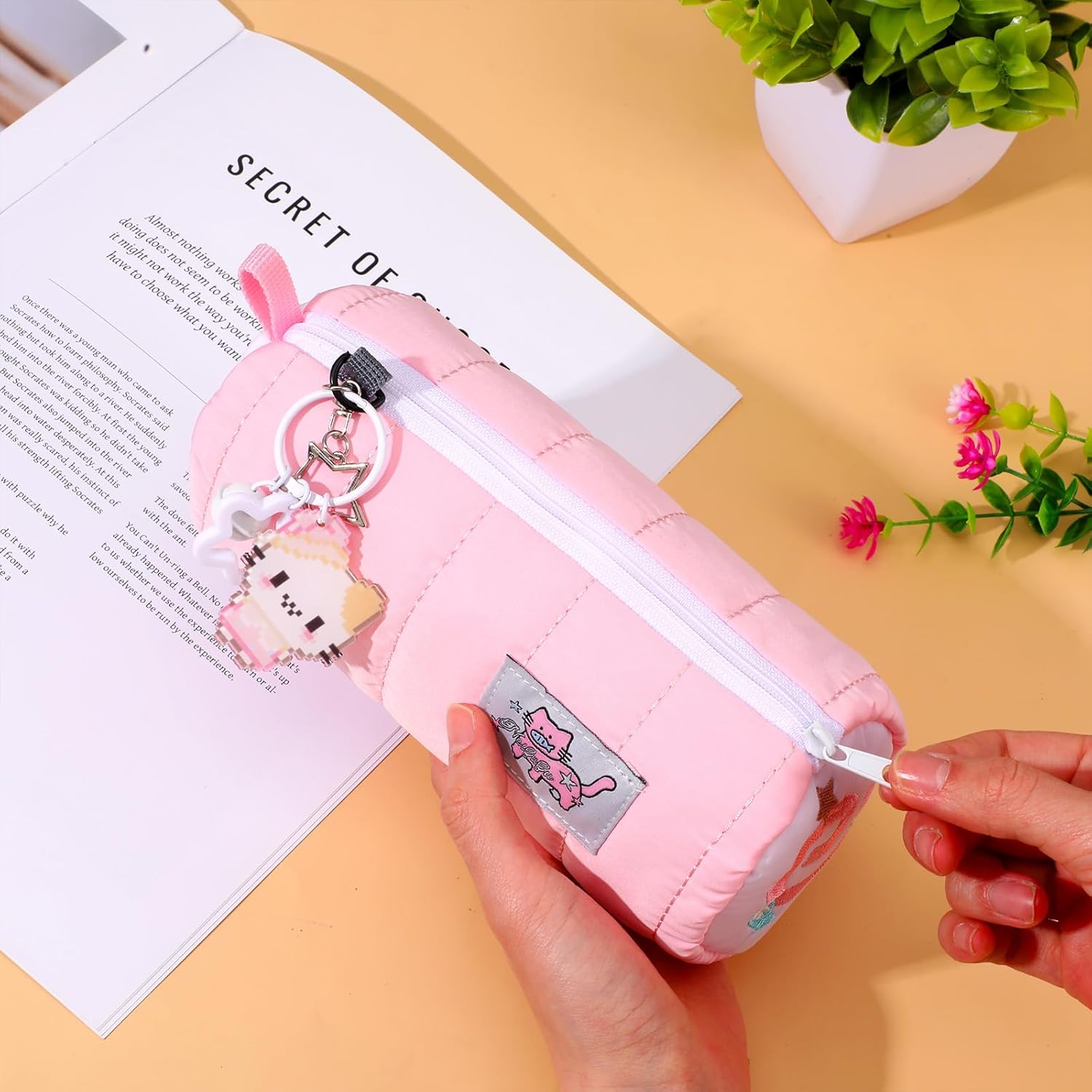 Pink Kawaii Pencil Case with Cat Keychain, Cream Roll Cartoon Large Capacity Cute Cat Makeup Bag with Zipper for Women Makeup Brushes Stationery Pens Valentine's Day Gift