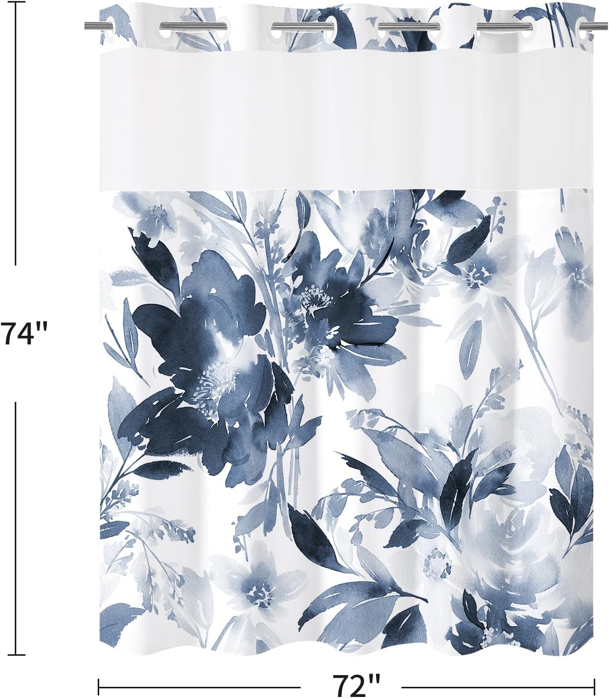 Litabel No Hook Navy Watercolor Floral Shower Curtain and Liner Set, Flower Shower Curtains with Snap in Liner for Summer Bathroom Decor, White Modern Botanical Waterproof Shower Curtain Set,72x74