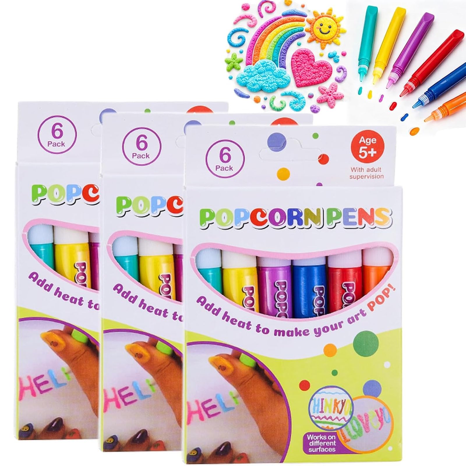 Magic Popcorn Pens 3D Puffy Art Pens, 6 Colors, Fluffy Bubble Drawing，3PC