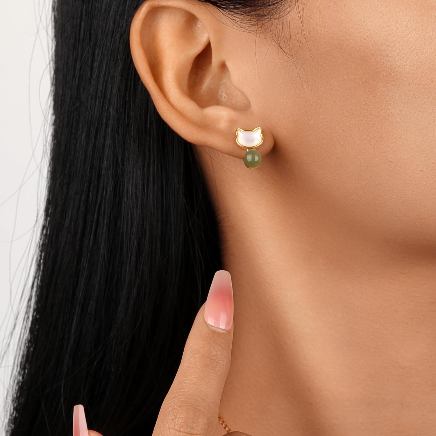 Natural Hetian Jade Cat Black Shell Necklace, Cat Shape Jade Pendant Earrings and Cat Shell Ring Jewelry