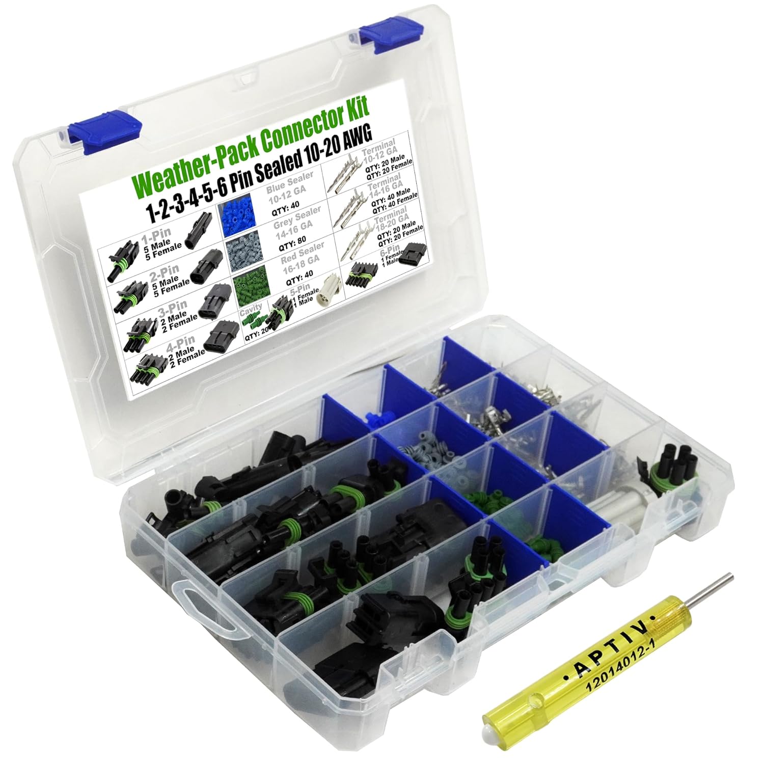 1,2,3,4,5-6 PIN (Conductor) 20 amps 10-12-14-16-18-20 GA Weather-Pack Series, Sealer Terminals, Housing Male & Female Quick Disconnect QD Splice Kit