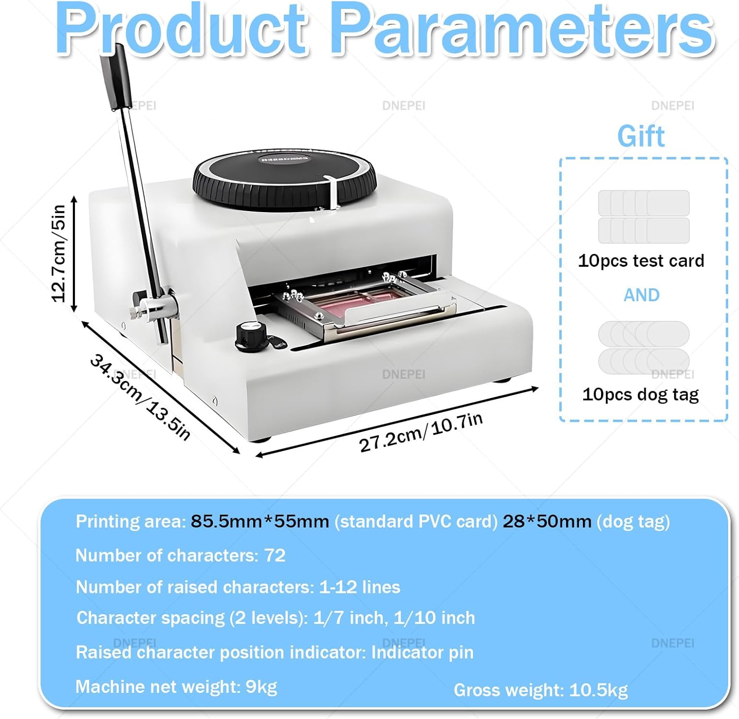 Complete 72 Character Embossing Machine Set, Manual Stamping Tool for Stainless Steel Dog Tags and PVC ID Cards, Includes 10 Aluminum Tags and Adjustable Kerning Gears
