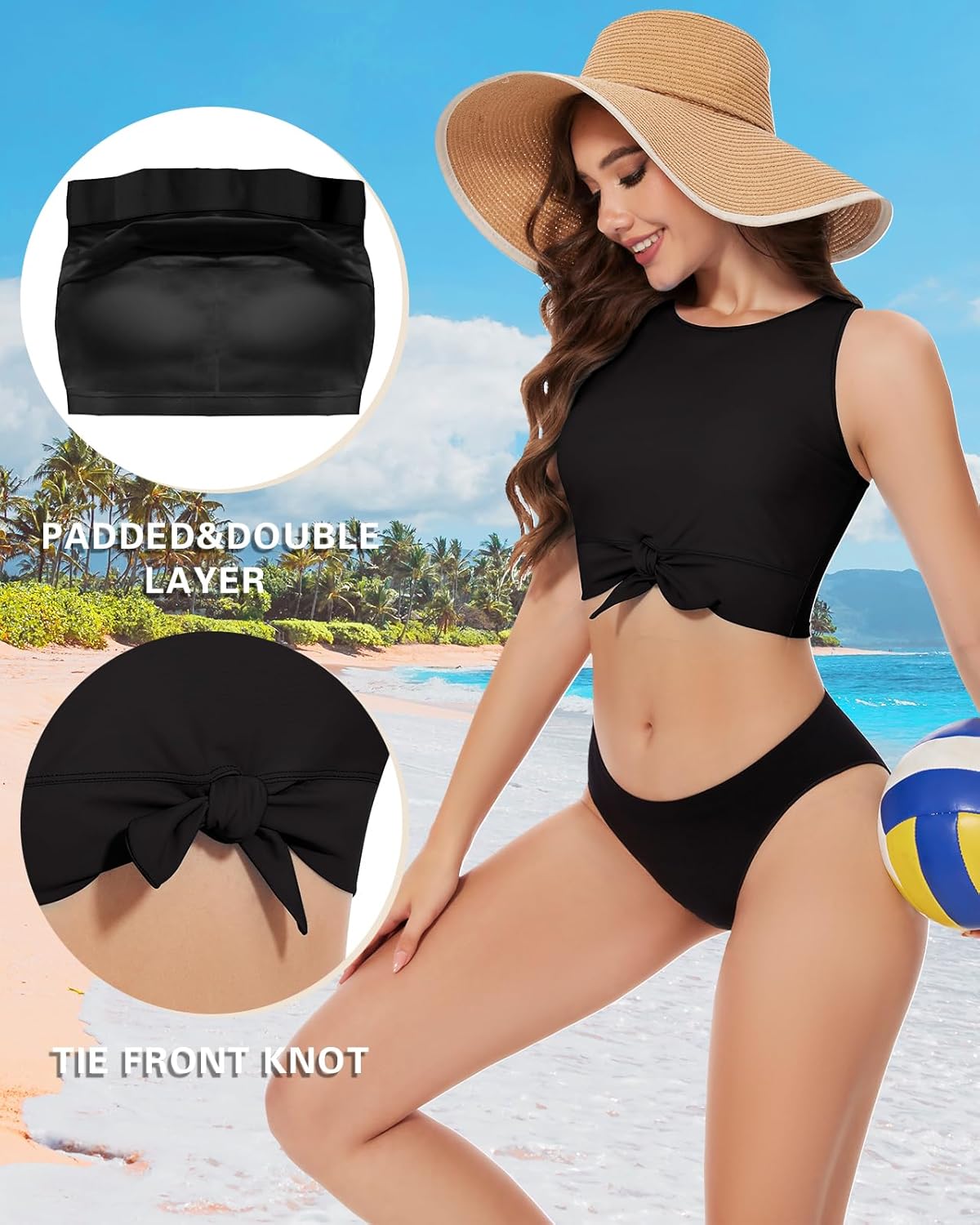 WOWENY Front Knot Bikini Crop Tops for Women Swim Tank Tops Padded High Neck Tankini Top Bathing Suit Swimsuit Top Only (Black, S), Small - Image 3
