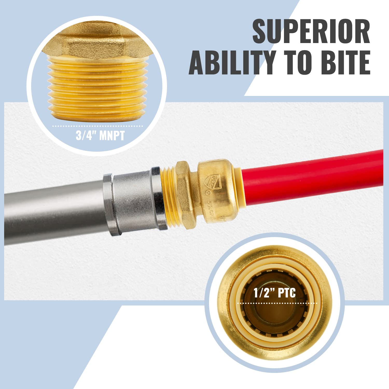 SUNGATOR Adaptador reductor NPT macho de 1/2 pulgada x 3/4 pulgadas, accesorios de fontanería de latón sin plomo para conectar PEX, cobre, CPVC, con un clip de desconexión y una cinta de sellado,