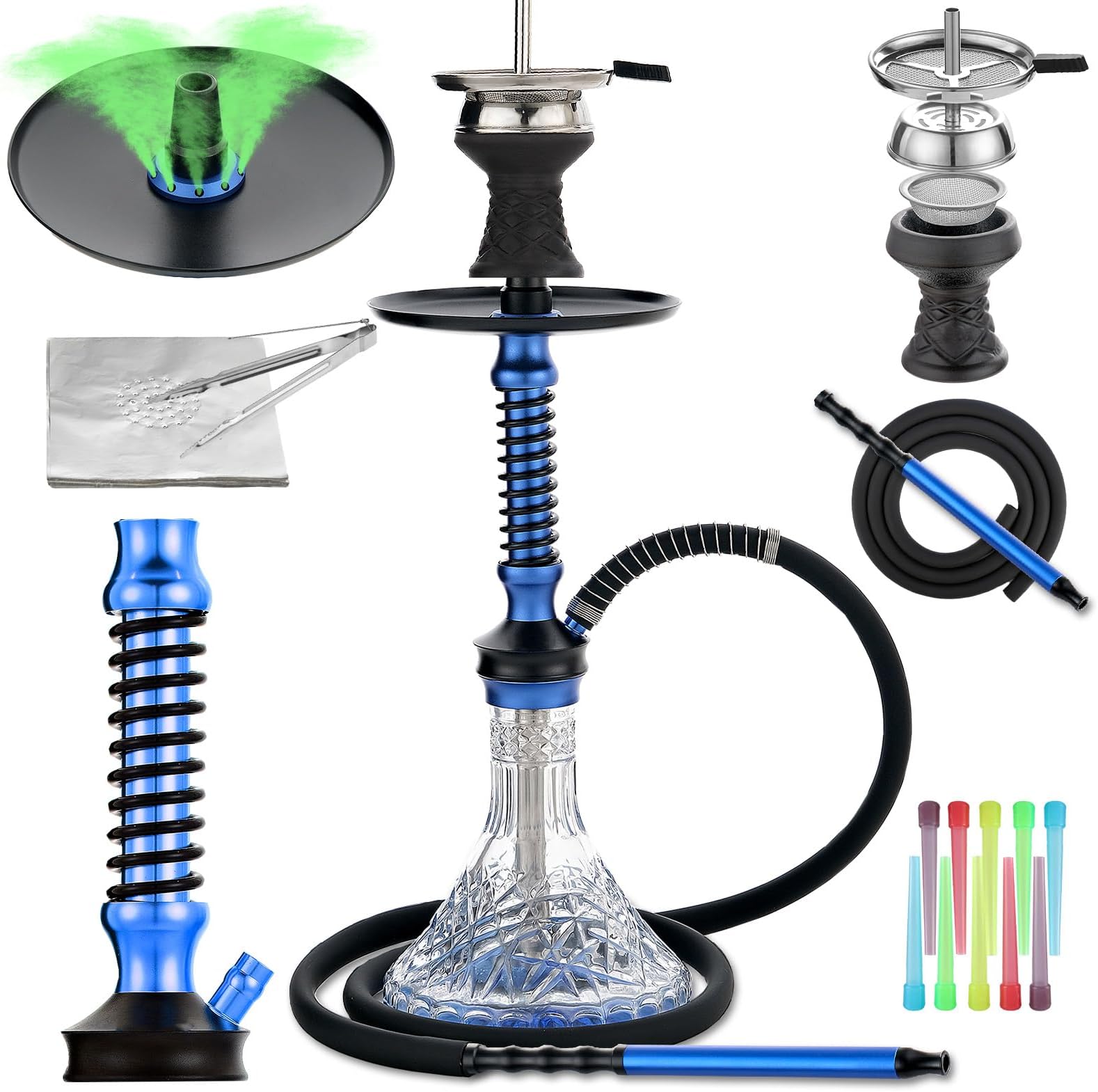 Hookah Set with Everything,20"Shisha Hookah Set with Glass Vase,Portable Glass Hookah Set with Hookah tips,Hookah hose,Hookah Ceramic Bowl.(Blue)