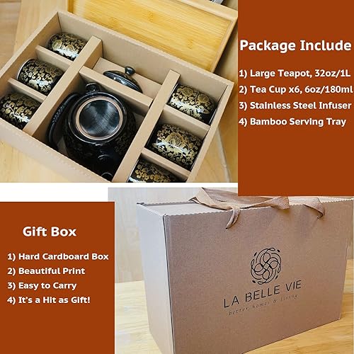 Miniatura 5 de Juego de té tradicional japonés, bonito juego de té negro con bandeja e infusor, juegos de té chino/asiático para 6 adultos, tetera de porcelana y