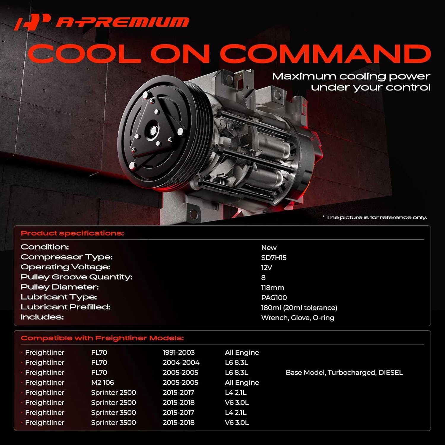 A-Premium Air Conditioner AC Compressor with Clutch Compatible with Freightliner FL70 1991-2003, FL70 2004-2005 8.3L, M2 106 2005, Sprinter 2500 3500 2015-2017 2.1L 3.0L, Sprinter 2500 3500 2018 3.0L