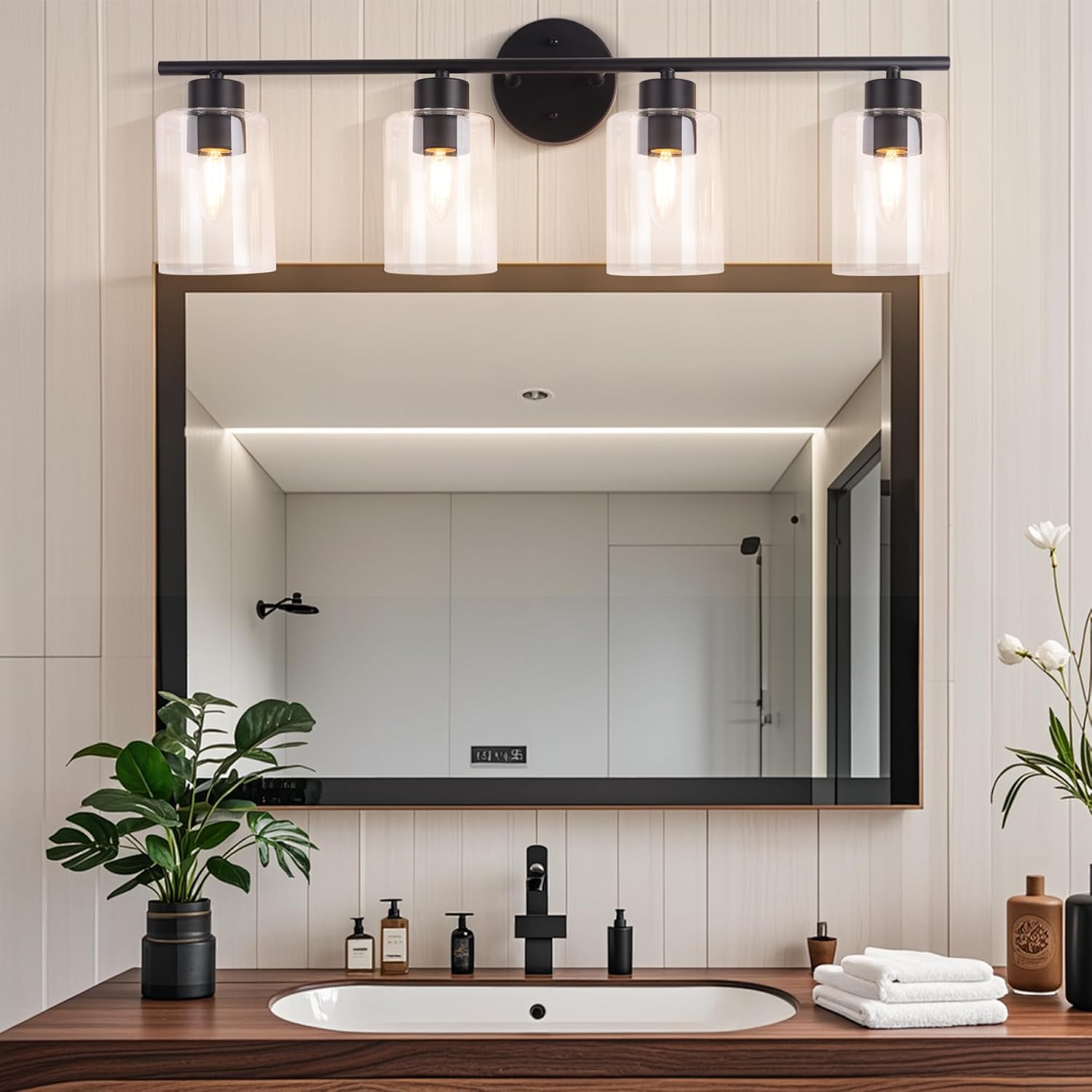 4-Light Bathroom Light Fixtures, Vanity Light with Clear Glass Shades, Matte Black Bathroom Light Fixtures Over Mirror, Modern Bathroom Wall Lamp for Mirror Living Room Cabinet Bedroom Wall Sconces