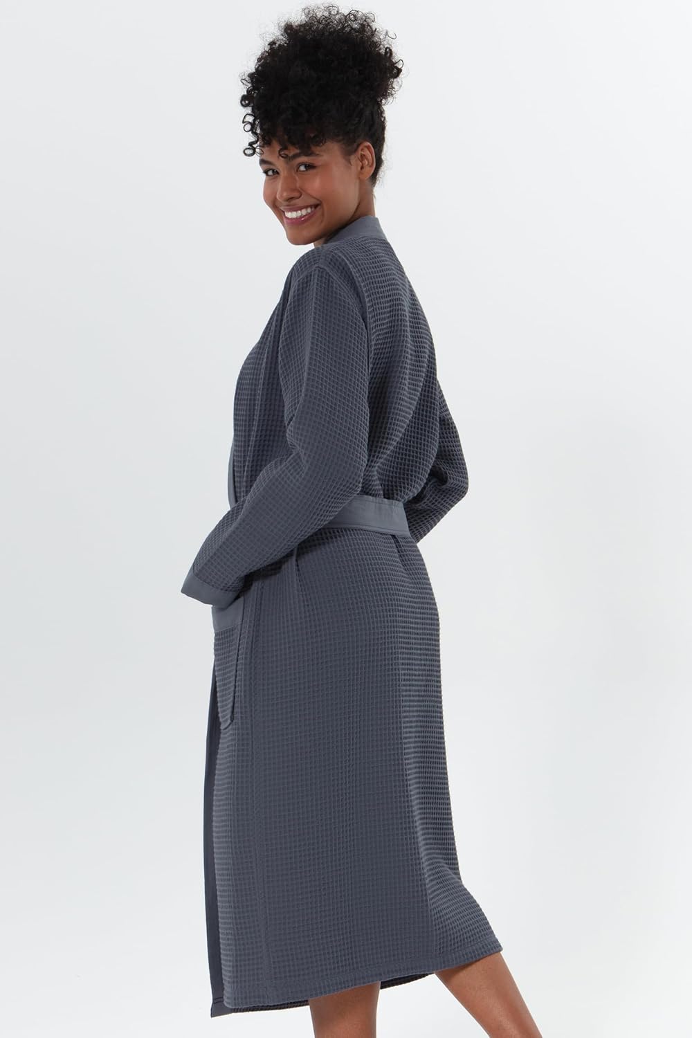 SEYANTE Women's Organic Cotton Waffle Kimono, Hooded Robe – GOTS Certified Lightweight Full-Length Spa Bathrobe with Piping - Image 4