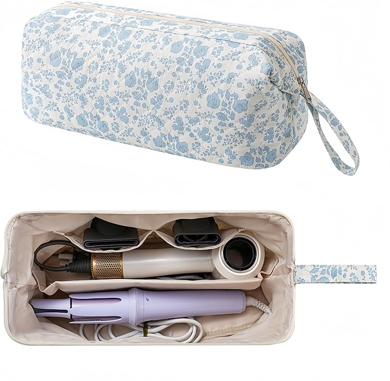 Large Quilted Hair Tools Travel Bag, Curling Iron Carrying Case for Shark Flexstyle, Dyson Airwrap Hair Dryer, Portable Travel Organizer Revlon Hair Tools Storage Case, Blue Flower Pattern
