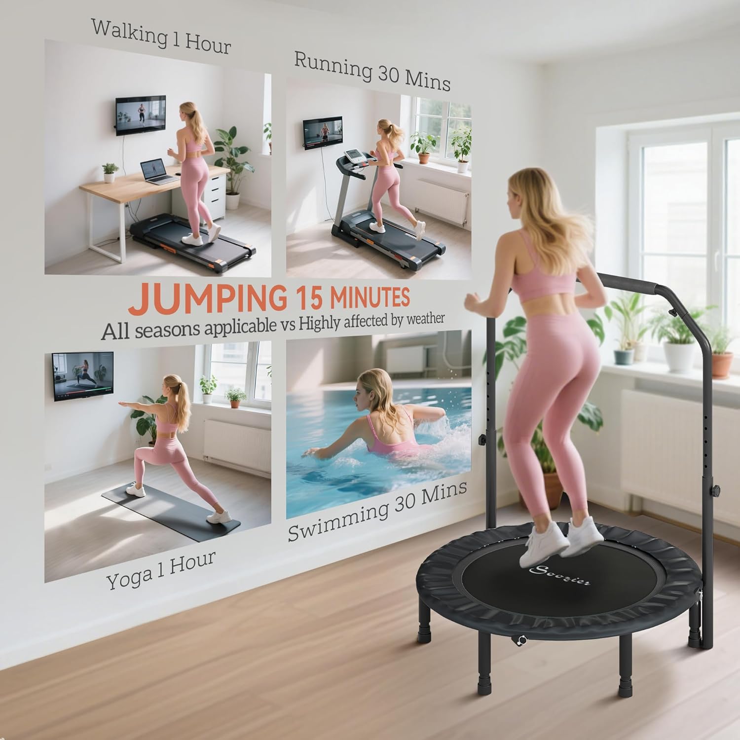 Soozier 40" Foldable Mini Trampoline, Rebounder Trampoline for Adults with Adjustable Foam Handle and Resistance Bands, Fitness Rebounder for Indoor Outdoor Workout, Max Load 330 lbs
