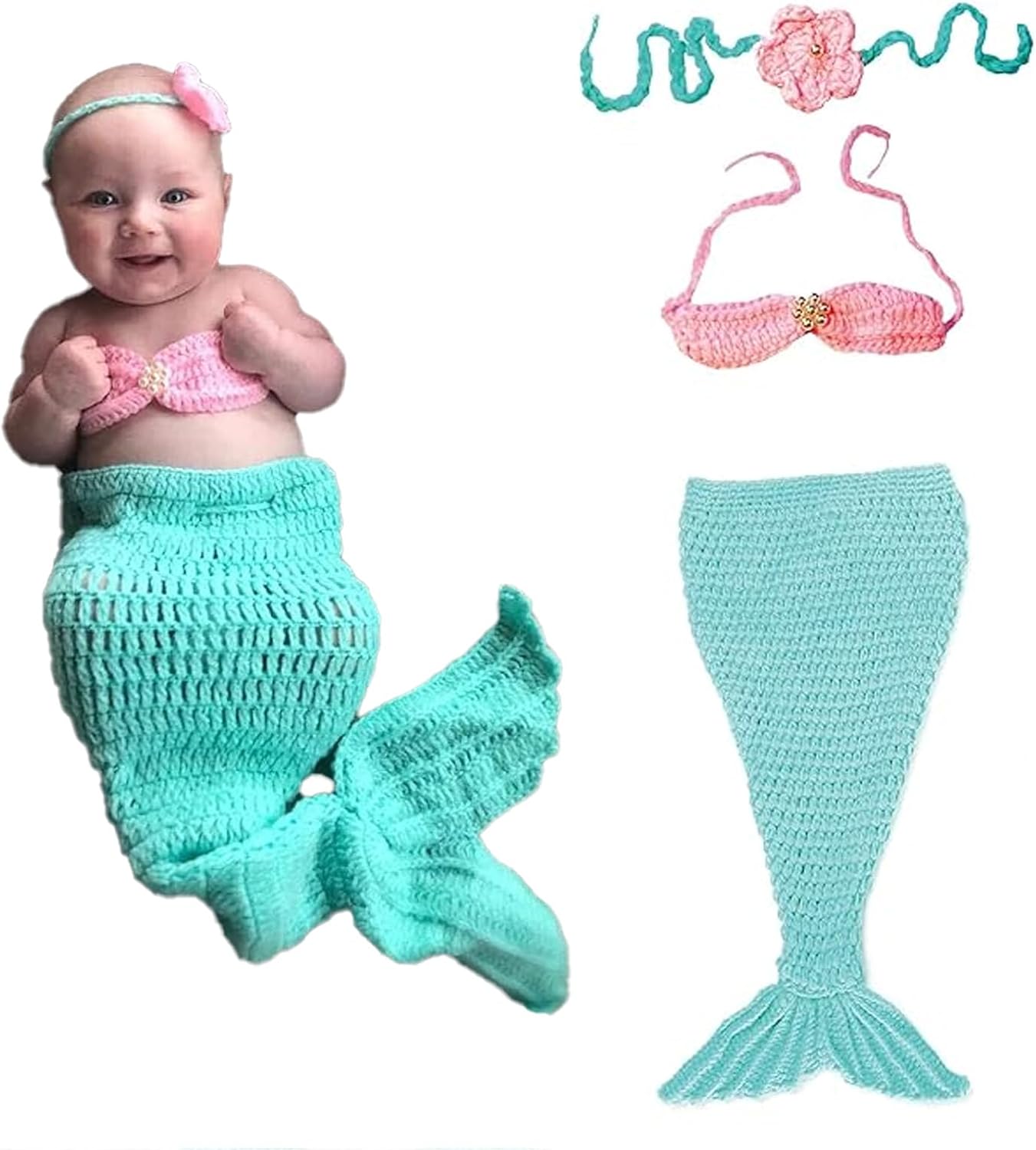 Newborn baby Photography Props,Girls photo outfits,Handmade Crochet Mermaid Set(Headband Bra Tail)