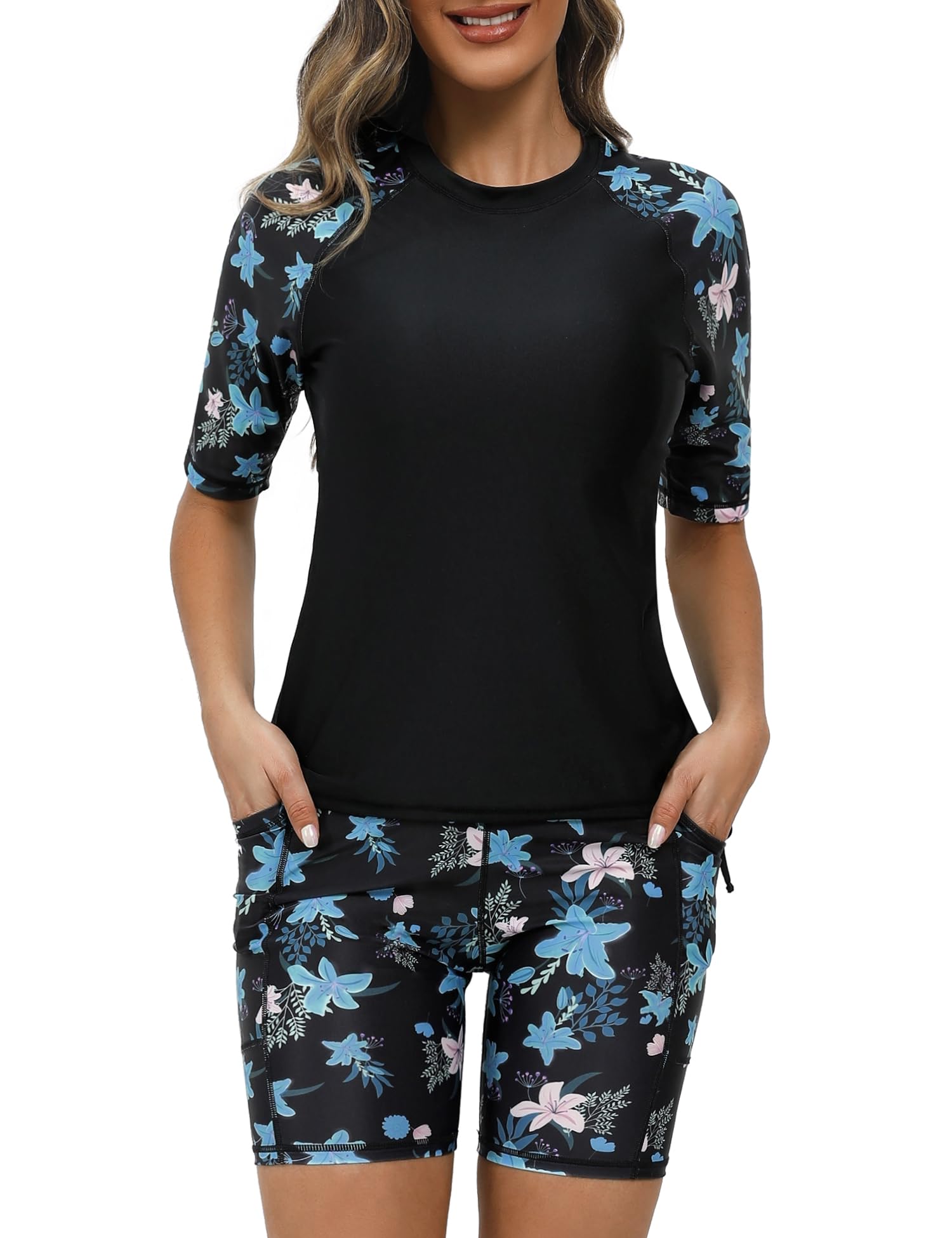 Tournesol Women's Two Piece Rash Guard Short Sleeve UPF 50+ Swim Shirts