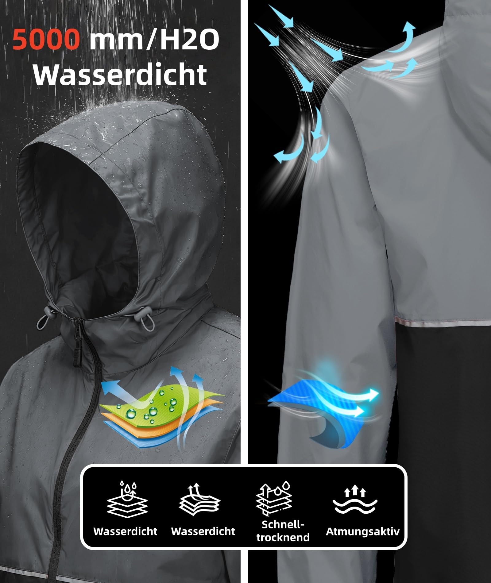 ZITY Regenjacke Herren Wasserdicht Atmungsaktiv Windbreaker mit Kapuze Fahrrad Regenmantel Ultraleicht Faltbar Rain Fahrradjacke Man Dünn Sport Angeln Outdoor