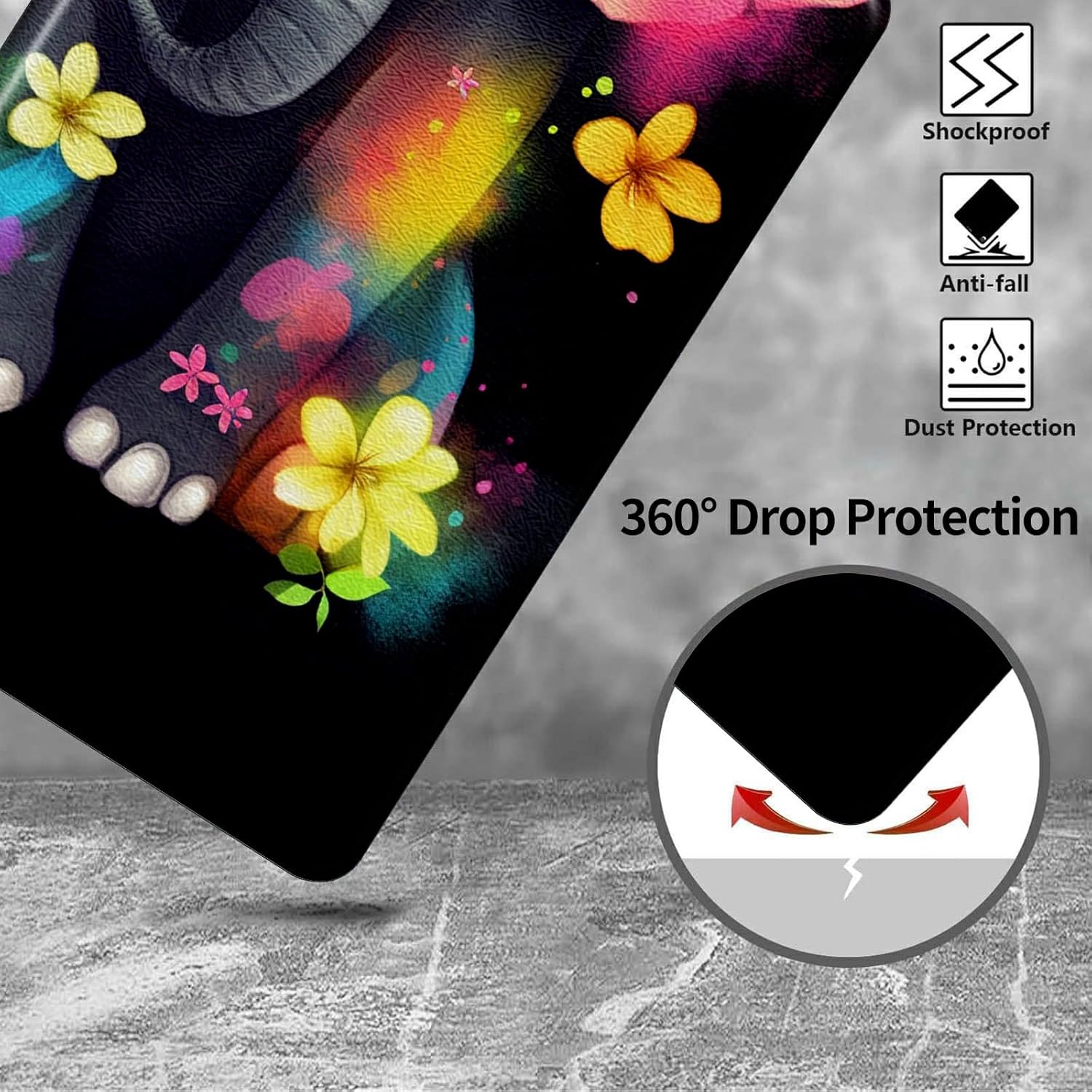 for Kindle Fire HD 10 and 10 Plus Tablet (13th/11th Generation, 2023/2021 Release) Tablet Case-360 Rotating Stand Cover with Auto Sleep/Wake Folding Protective Case,Elephant with Flowers