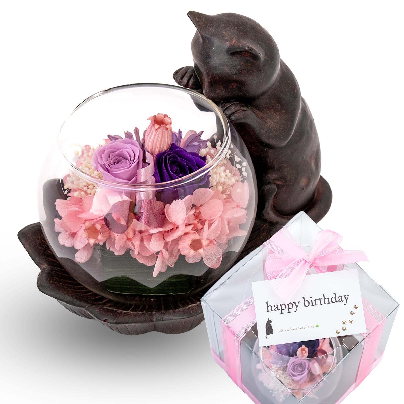 プリザーブドフラワー黒ネコ　フルーツフラワーバスケット　プレゼント　贈り物 プリザーブドフラワー黒ネコ フルーツフラワーバスケット プレゼント