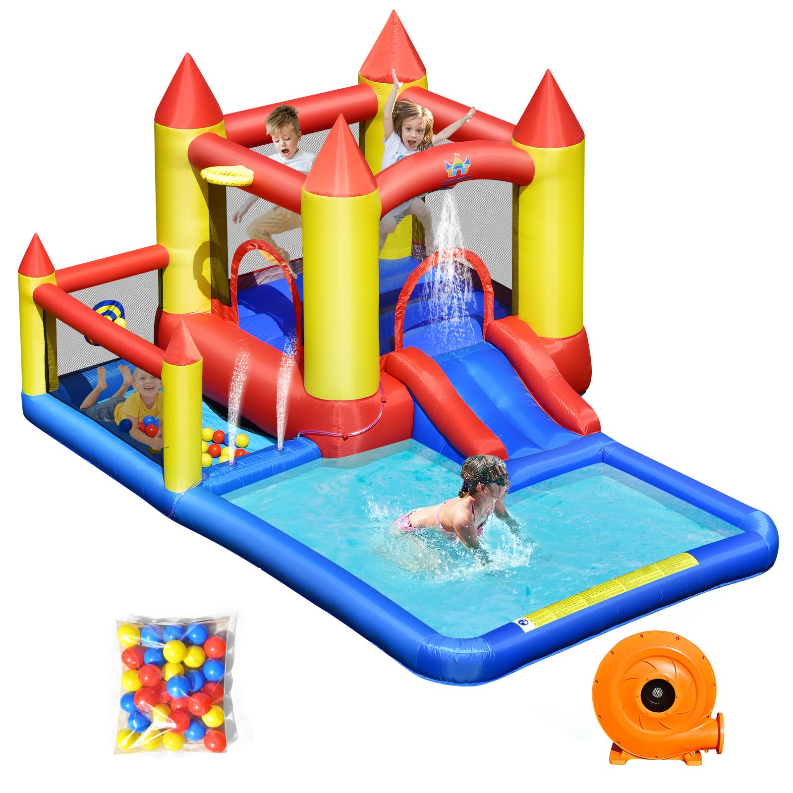 GOPLUS Castillo Hinchable para Niños, Hinchable Grande con Ventilador con Tobogán, Piscina Infantil, Cesta de Baloncesto, para Fiesta del Agua de Verano, Adecuado de 3 a 10 Años, 400 x 280 x 195 cm