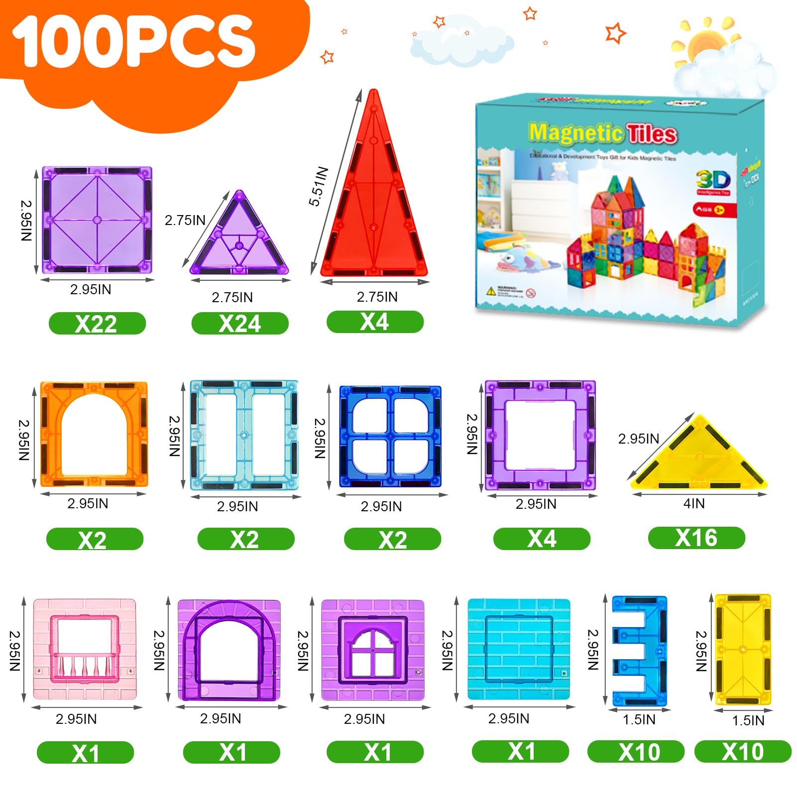 Kaysaitoy 100 Pezzi Costruzioni Magnetici Magneti Giocattoli per Bambini Piastrelle magnetiche Giocattoli giochi bambini 3 anni blocchi magnetici per ragazzi e ragazze di 3 4 5 6 7 8 anni