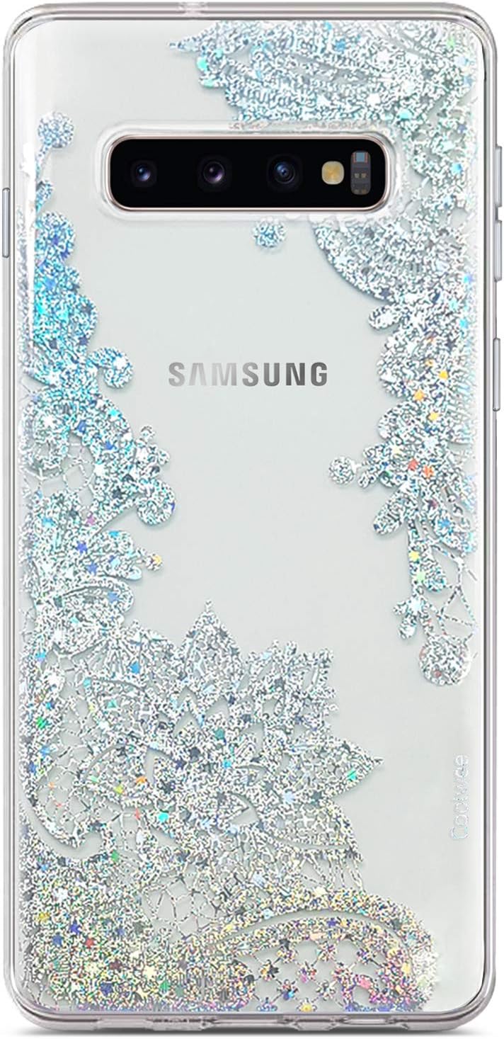 Coolwee Clear Glitter for Galaxy S10 Case Thin Flower Slim Cute Crystal Lace Bling Shiny Women Girls Floral Plastic Hard Back Case Soft TPU Bumper Protective Cover for Samsung Galaxy S10 Mandala Henna