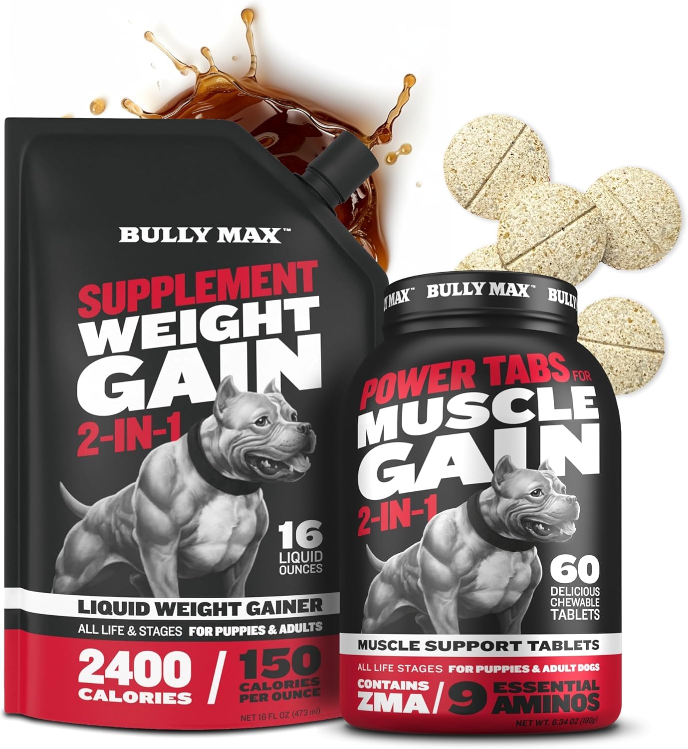 Bully Max Muscle Builder Power Tabs Supplement (60 tabs) and Weight Gainer Liquid Bundle for Puppies & Adults, All Breeds β Supporting Healthy Weight Maintenance Vitality and Balanced Daily Nutrition