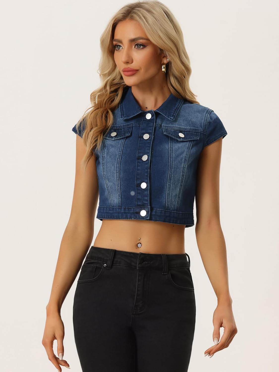 Allegra K Women's 2024 Summer Button Down Cap Short Sleeve Cropped Jean Denim Jacket - Image 3
