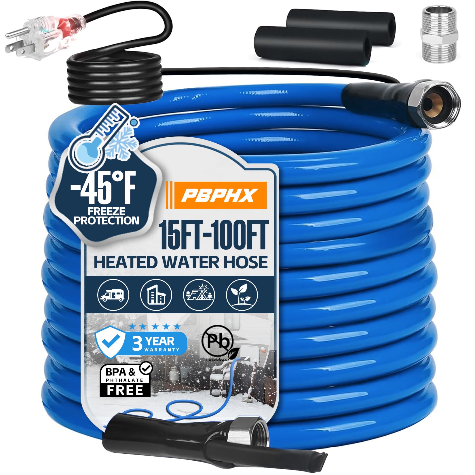 Photo 1 of 15FT Heated Water Hose for RV,Heated Drinking Water Hose with Thermostat,Lead and BPA Free,1/2"Inner Diameter,Temperatures Down to -40°F Self-Regulating,Blue Appearance