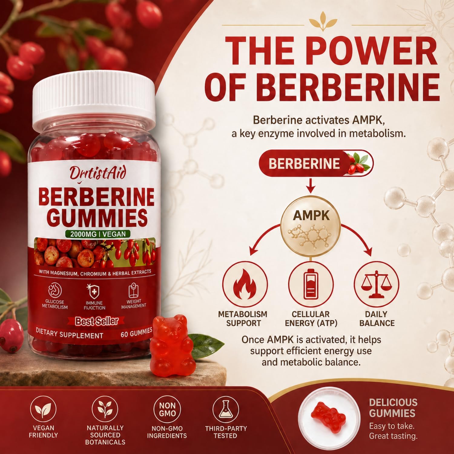 Berberine Gummies 2000mg (Berberine HCl) with Chromium 200mcg, High Potency Berberine HCl Supplement for Immune Support, ALA, Cinnamon & Turmeric, Sugar Free, Vegan, Peach Flavor, 120 Count