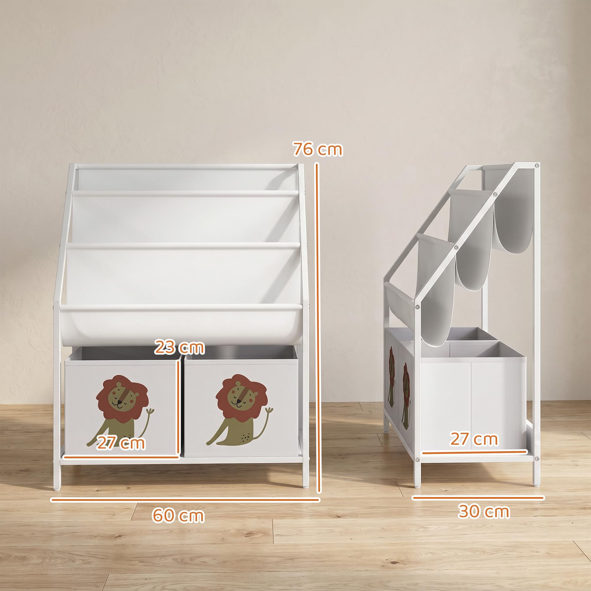 AIYAPLAY Librería Infantil de 4 Niveles Montessori Niños 76 cm Blanco | Estantería para Libros, 3 Estantes, 2 Cajones de Tela, Diseño de León, Sala de Juegos, Dormitorio, Guardería
