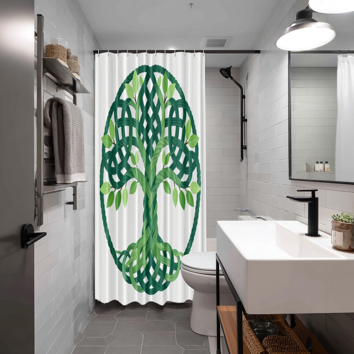 Batmerry Celtic Tree of Life Decorative Shower Curtain, Green Cute Long Wide Shower Curtain with Rust Proof Grommets for Bathroom Farmhouse Bathtub Waterproof Washable
