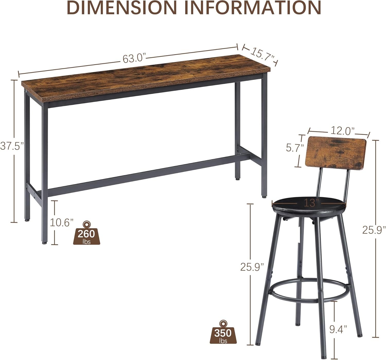 GNIXUU 4 Piece Long Bar Table and Chairs Set, Industrial Counter Height Dining Table Set with Sofa Bar Table and 3 Upholstered Stools with backrest for Breakfast Nook Living Room Small Space(Brown)