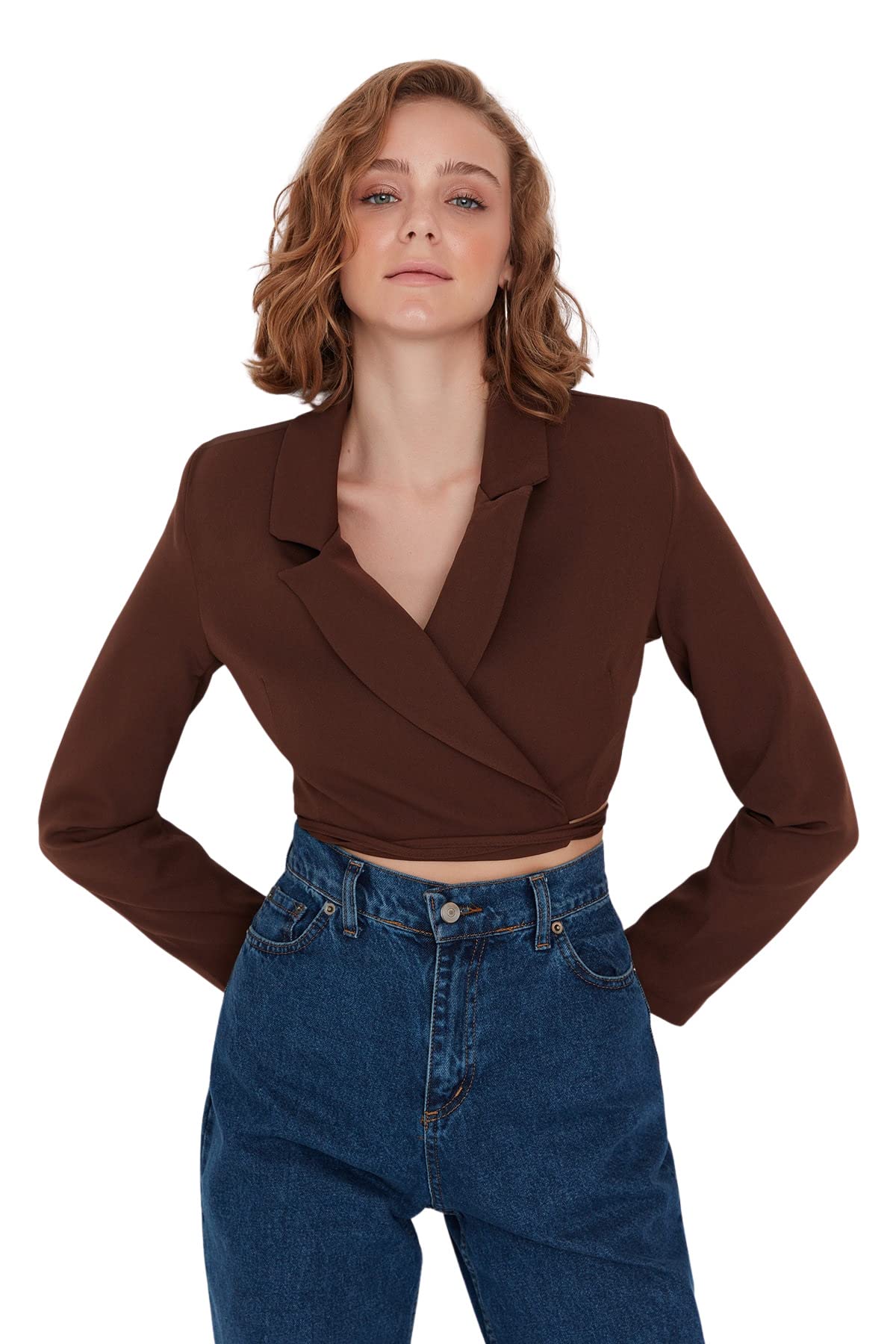Trendyol FeMan Regular fit Double-Breasted Lapel Collar Woven Blazer Brown