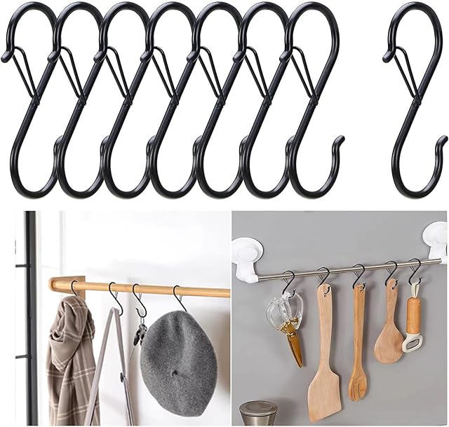 10 Pack S Shaped Hooks Metal for Hanging Heavy Duty Large Black 9 cm Long with Safety Buckle for Pan Utensil Closet Rod Outdoor Lights Kitchenware Bathroom Garden Office Plant(Black style 1)