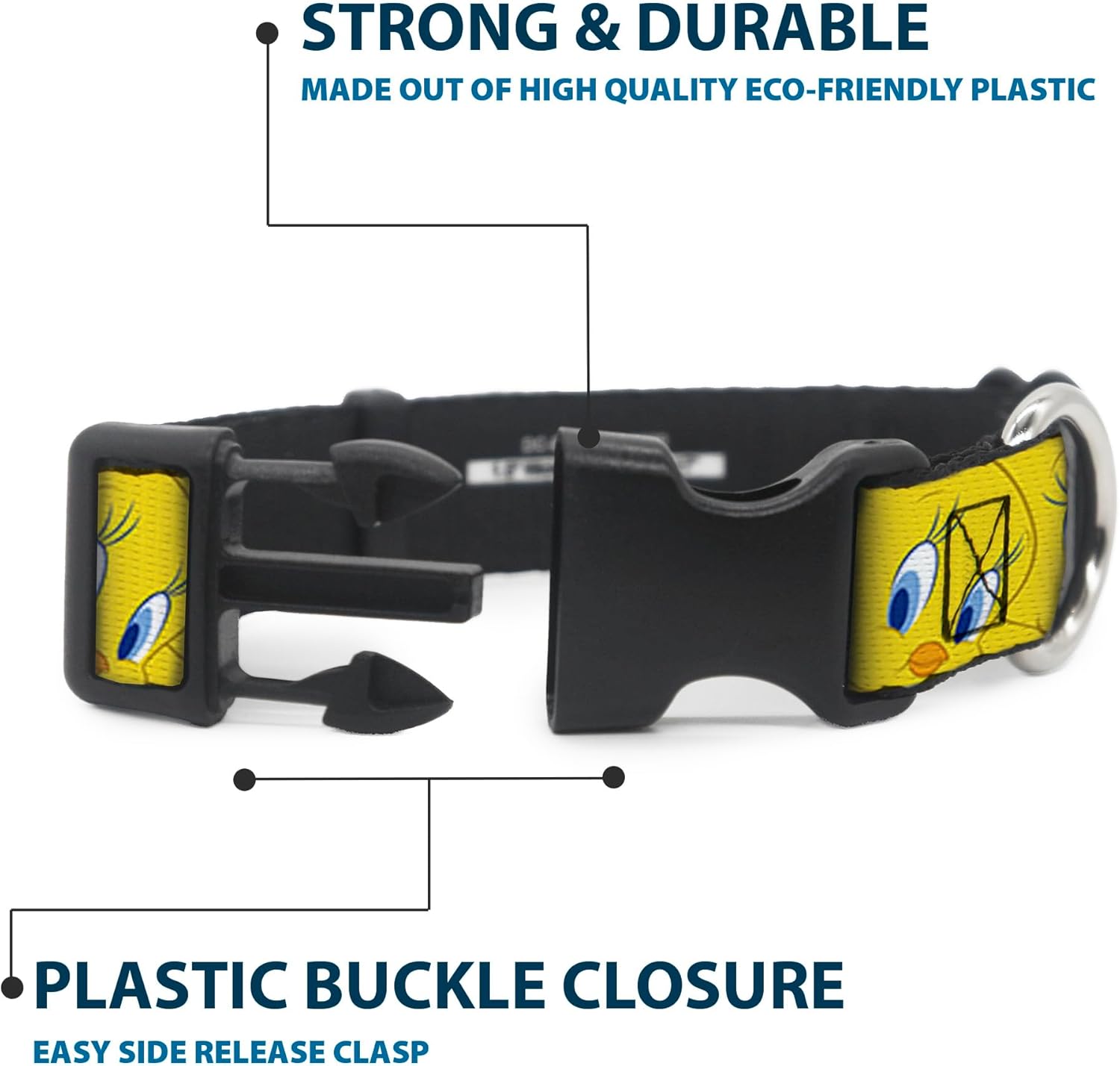 Buckle-Down Plastic Clip Collar - Tweety Bird Expressions Yellow - 1.5" Wide - Fits 13-18" Neck - Small
