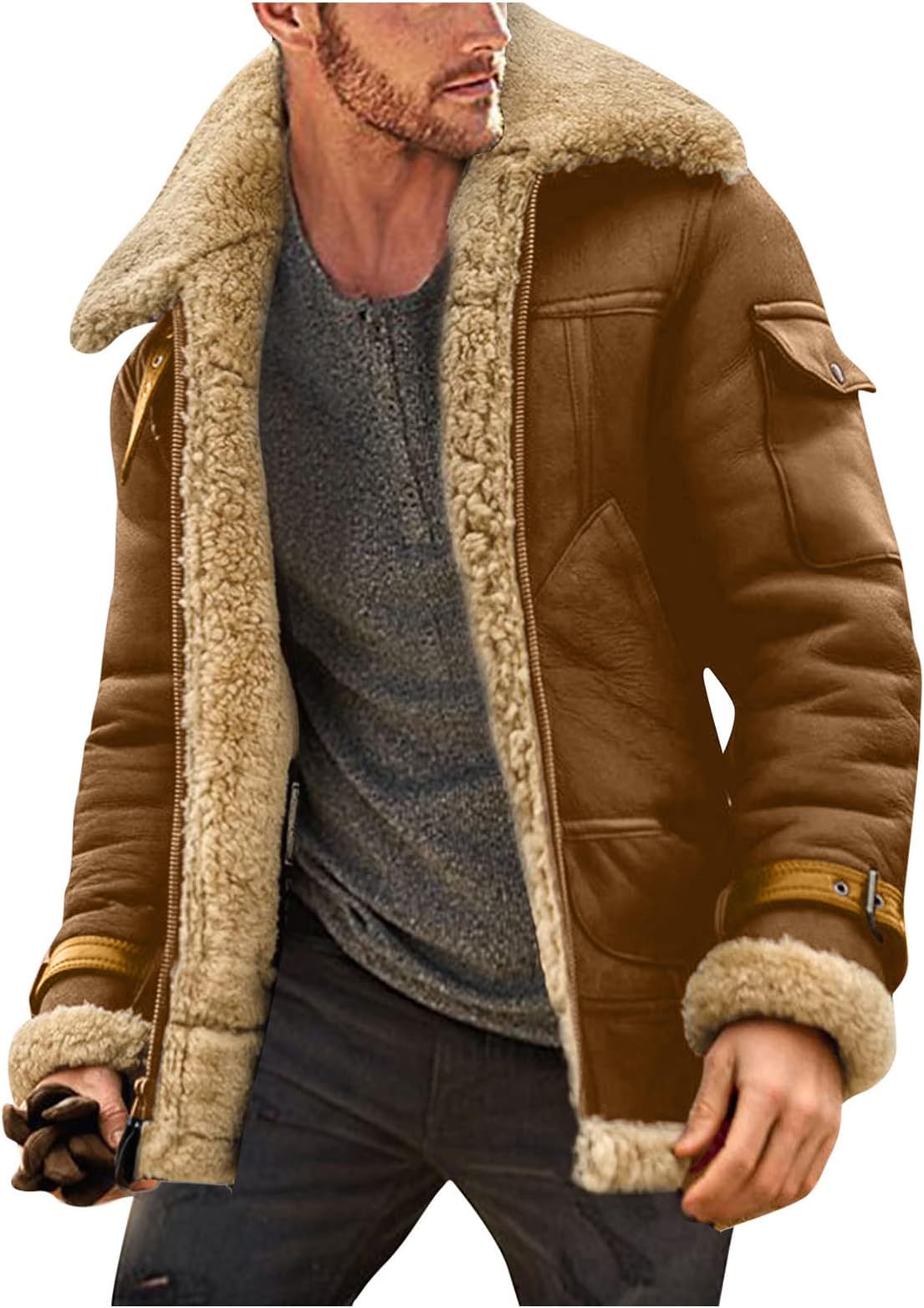 Mens Faux Fur Suede Leather Jackets Plus Size Sherpa Fleece Lined Zip Up Bomber Jacket with Pockets Vintage Motorcycle Trucker Jacket Sheepskin Winter Warm Trench Coat, S-5XL