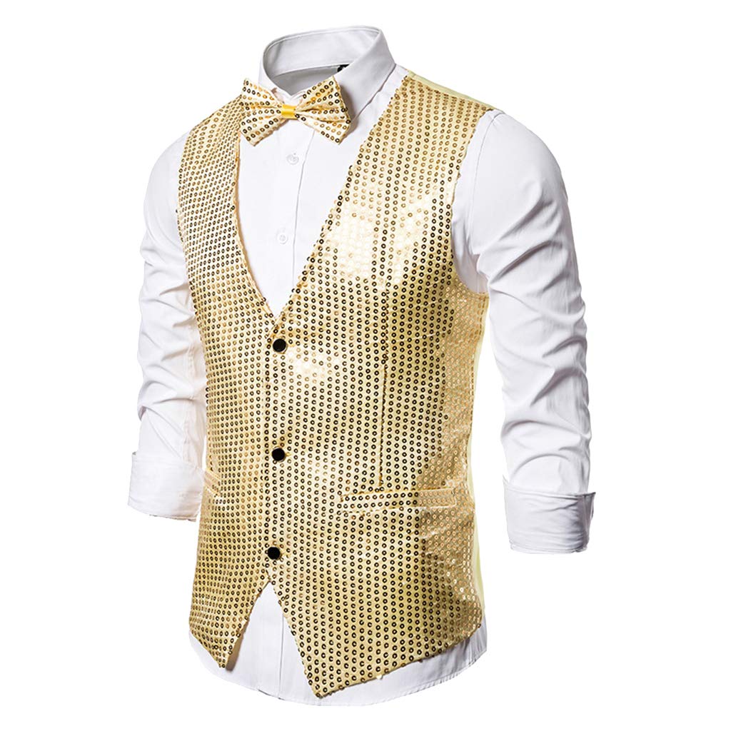 club bollywood CLUB BOLLYWOOD®Mens Sequins Vest Button Down Bow Tie Jacket Fashion Party Costume L Gold|Clothing Shoes & Accessories | Costumes Reenactment Theater |1 Piece Men Vest Coat-picture-13