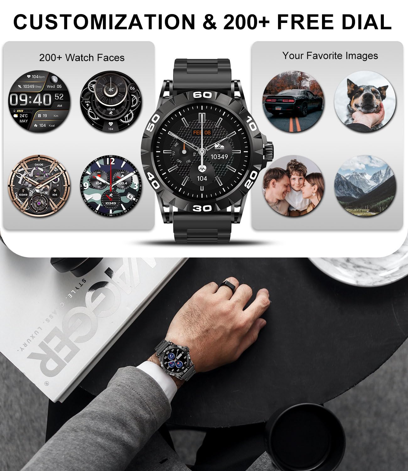 Montre Connectée Homme Appel Bluetooth Assistants Vocal 1.39" Smartwatch Intelligente Podomètre Calories Calculatrice 2 Bracelets Montre Sport Fréquence Cardiaque Sommeil SpO2 pour Android iOS