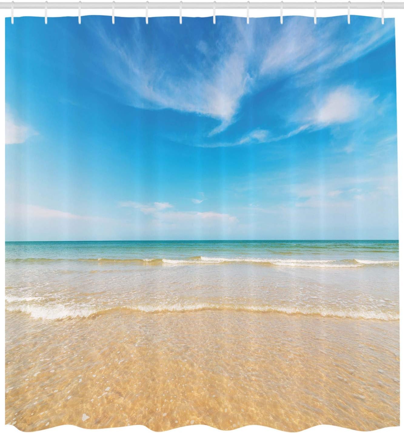 Ambesonne Ocean Shower Curtain, Sea and Sky Landscape at Beach in Tropical Exotic Hawaiian Caribbean Lands, Cloth Fabric Bathroom Decor Set with Hooks, 69" W x 84" L, Cream Blue