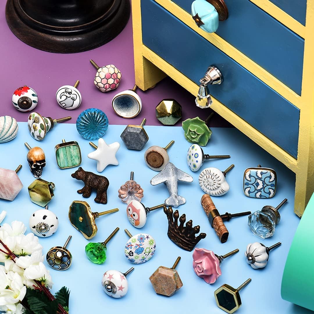 Indian Shelf Blue Ceramic Cabinet Knobs - 25 Pack - Drawer Pulls - Vintage Decorative Knobs - Blue White 1.5" Door Handles