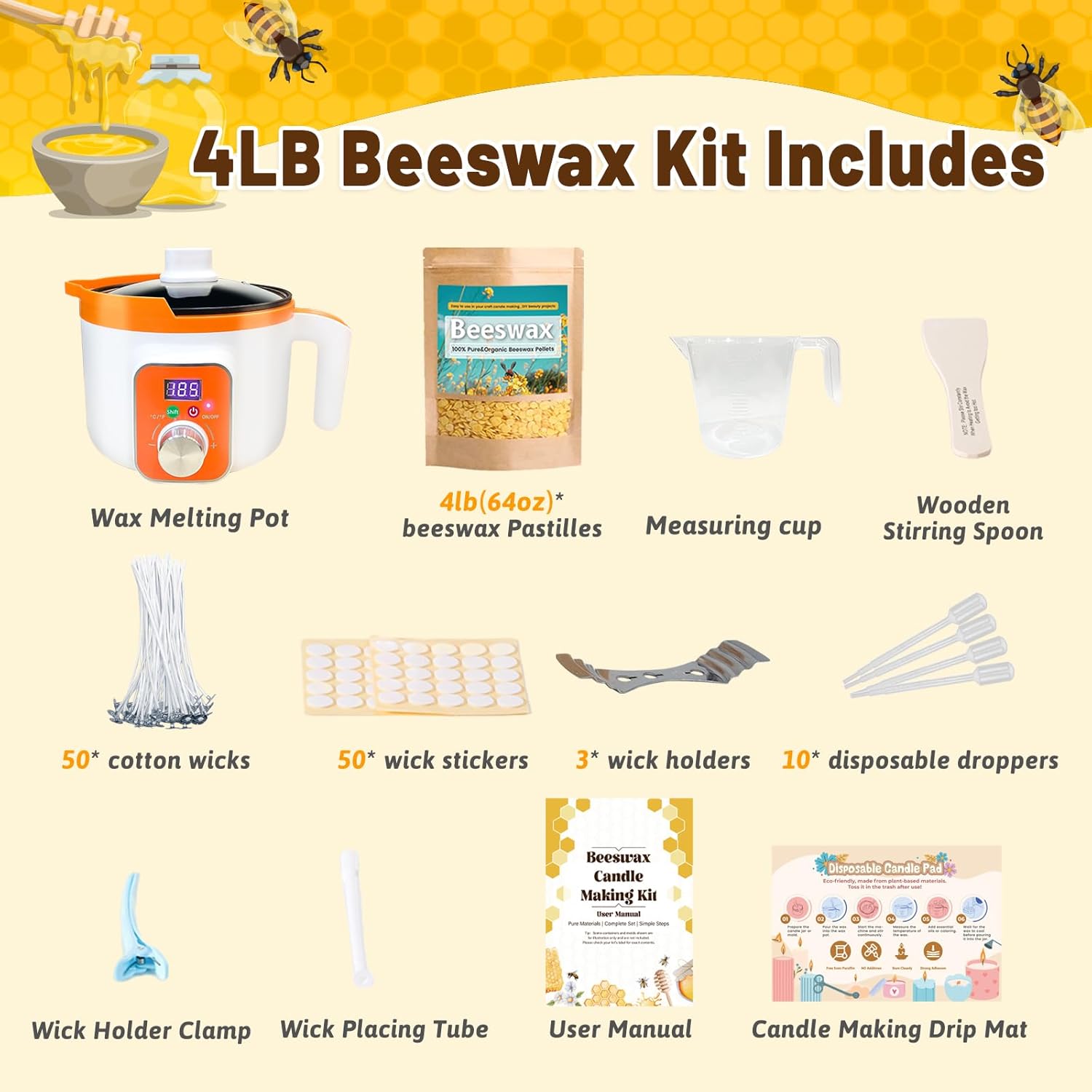 Beeswax Candle Making Supplies, 4LB Beeswax Candle Making Kit with Digital Wax Melter Pot, 100% Organic Beeswax Pellets, All-in-One DIY Bees Wax for Candle Making, Lip Balm, Lotion, Soap Making