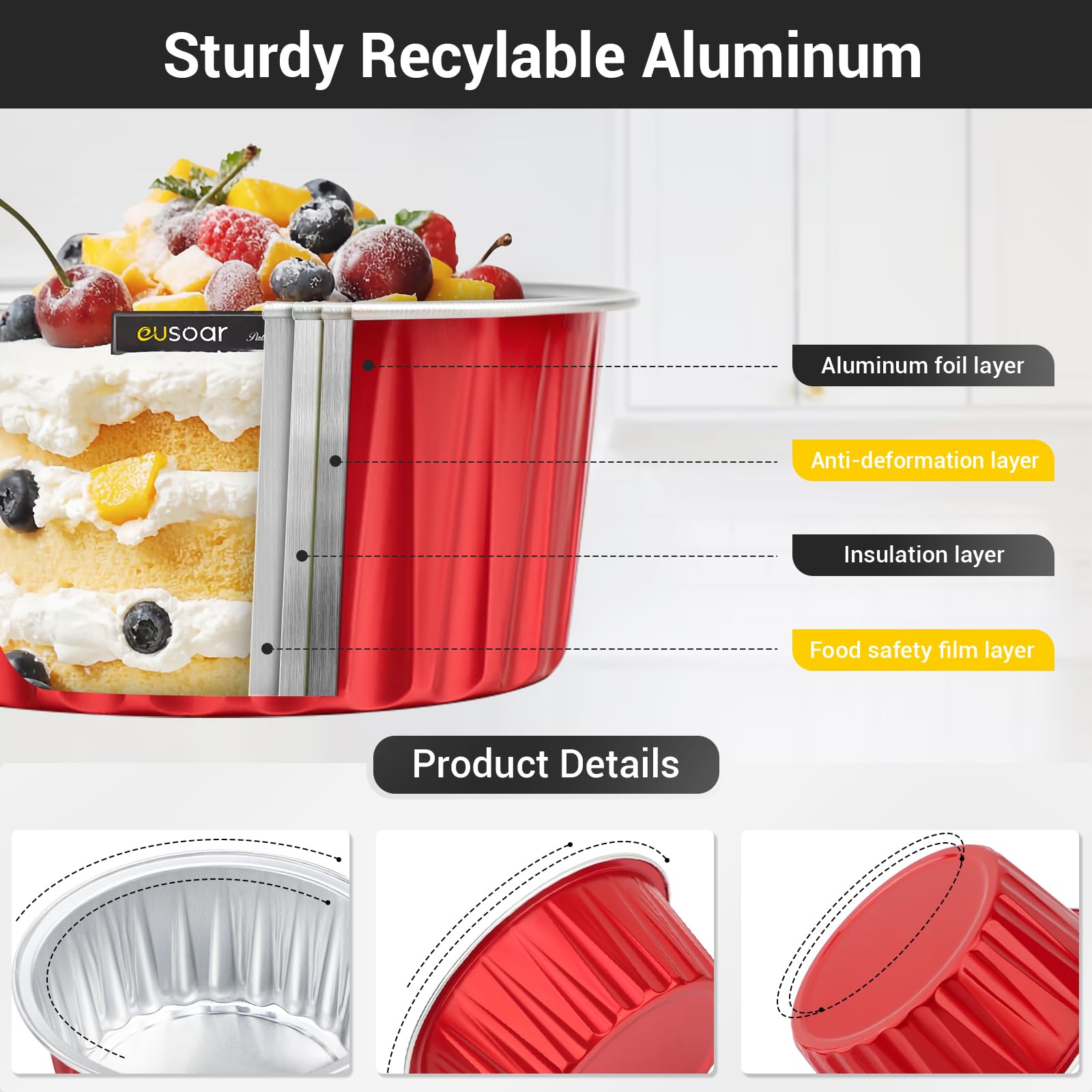 EUSOAR Mini moldes para tartas con tapas, 200 vasos de aluminio desechables de 5 onzas con tapas para postre de pastel de queso y flan de crema brulee, mini recipiente de aluminio para hornear para