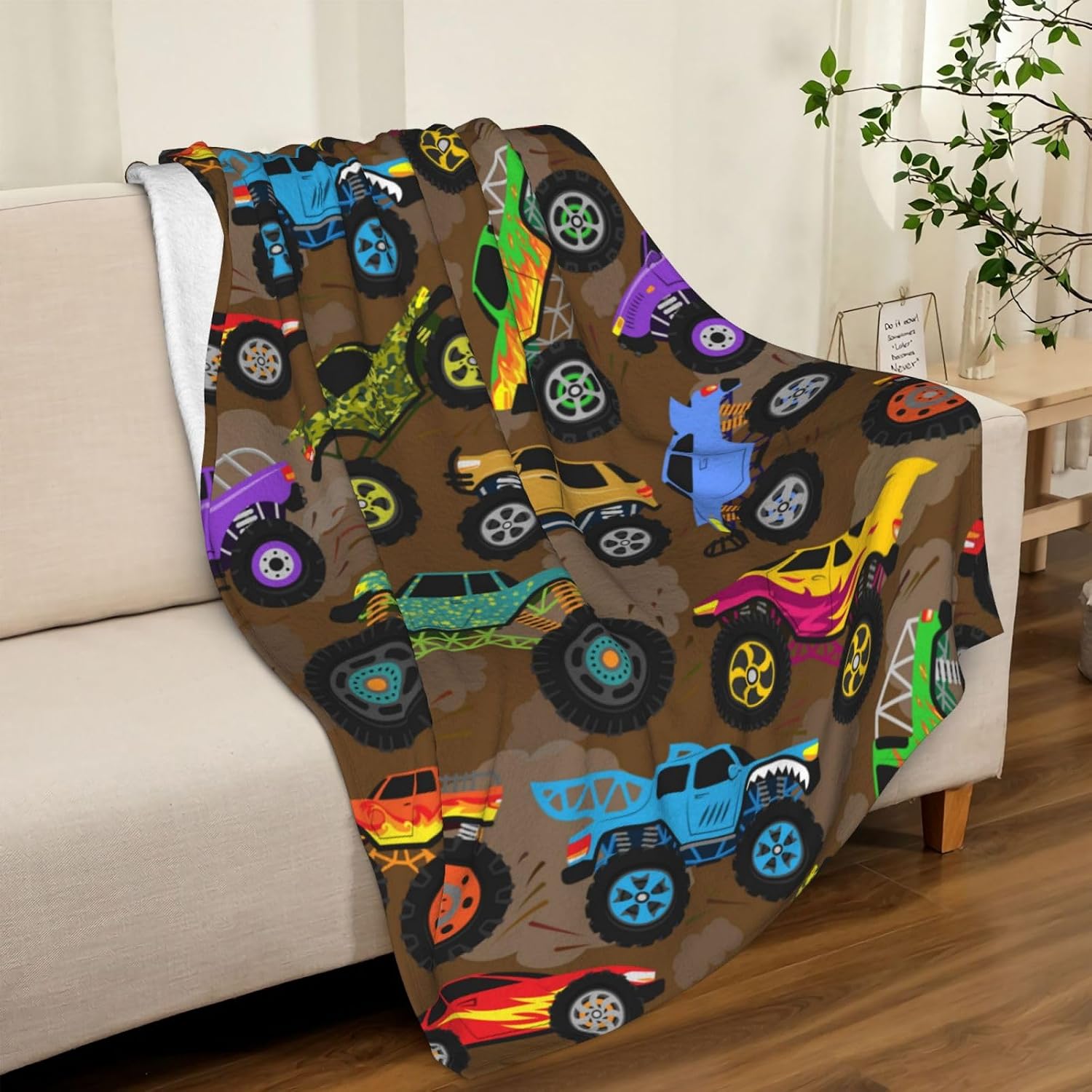 Cool Monster Cartoon Trucks Car Throw Blanket Soft Bed Bedding Warm Cozy Plush Flannel Fleece Blankets Gifts for Kids Boys Teens Men, Sofa Couch Bedroom Home Decor, 60"x50" image 4