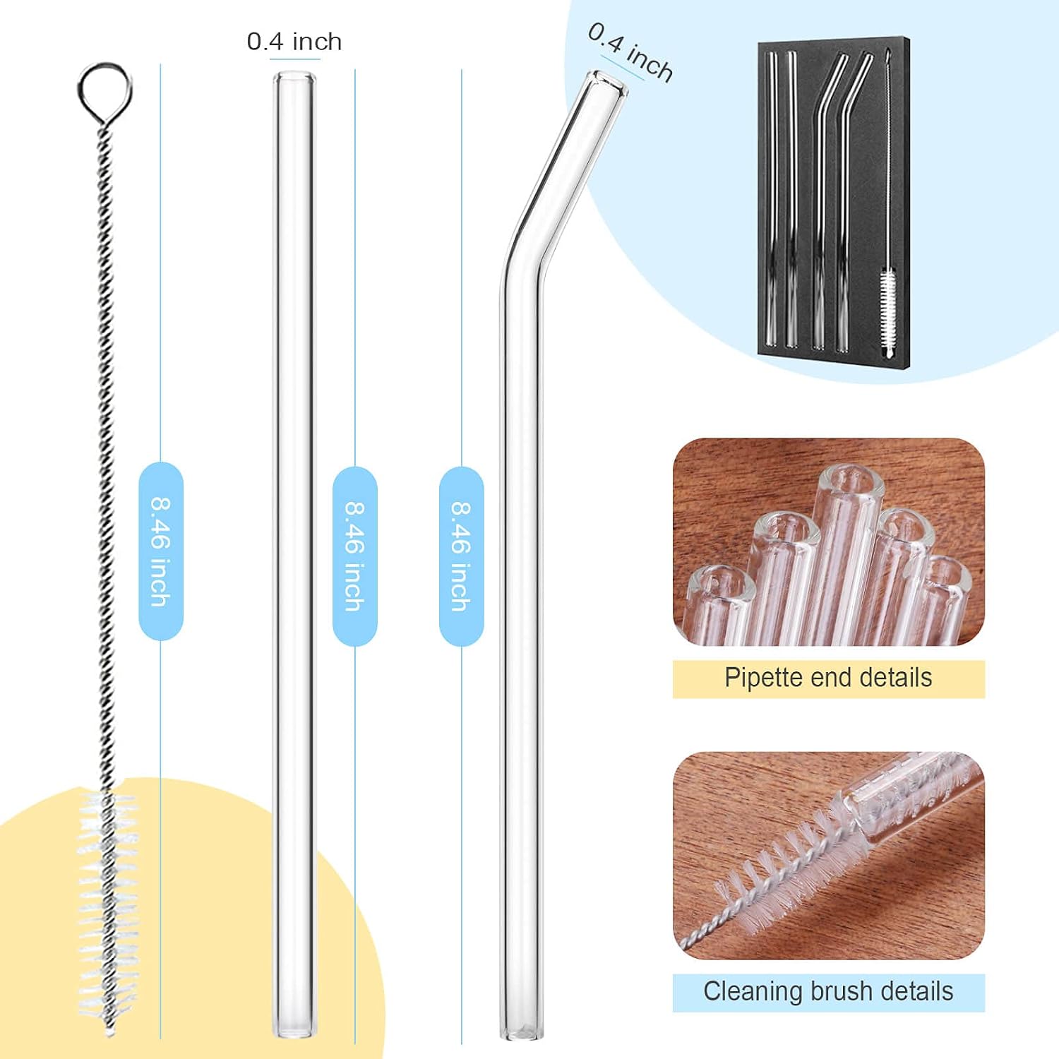STREWEEK 6PCS Reusable Glass Drinking Straws, 8.5in X 10 mm, with Two Cleaning Brushes, Perfect for Smoothies, Milkshakes, Juices,Teas and Other Cold/Hot Beverages