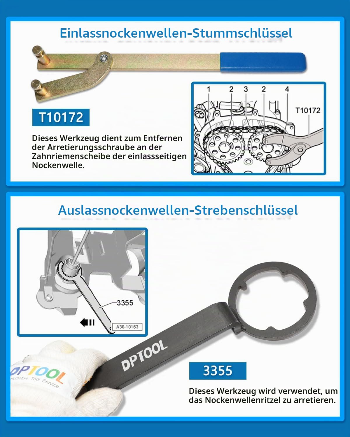 DPTOOL 8-teiliges Nockenwellenwerkzeuge, zahnriemen Werkzeug für VAG EA211 1.0L 1.2L 1.4L 1.6L FSI TSI TFSI, für VW Audi A3/Golf VII/Jetta/Skoda Octavia/Seat Leon