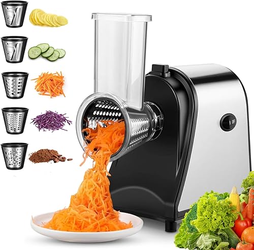 Rallador eléctrico de queso de 250 W, triturador eléctrico profesional de verduras, cortador de verduras con 5 accesorios gratis, rallador eléctrico